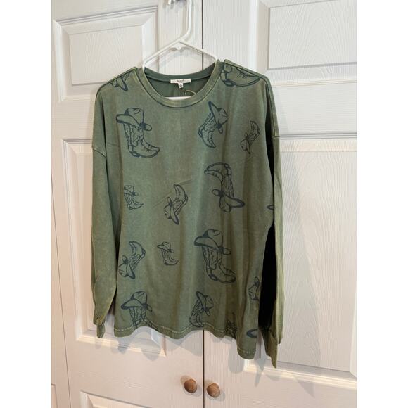 NEW Easel Western Cowboy Western Boho Boot Hat Print Green Sweater - Picture 3 of 7